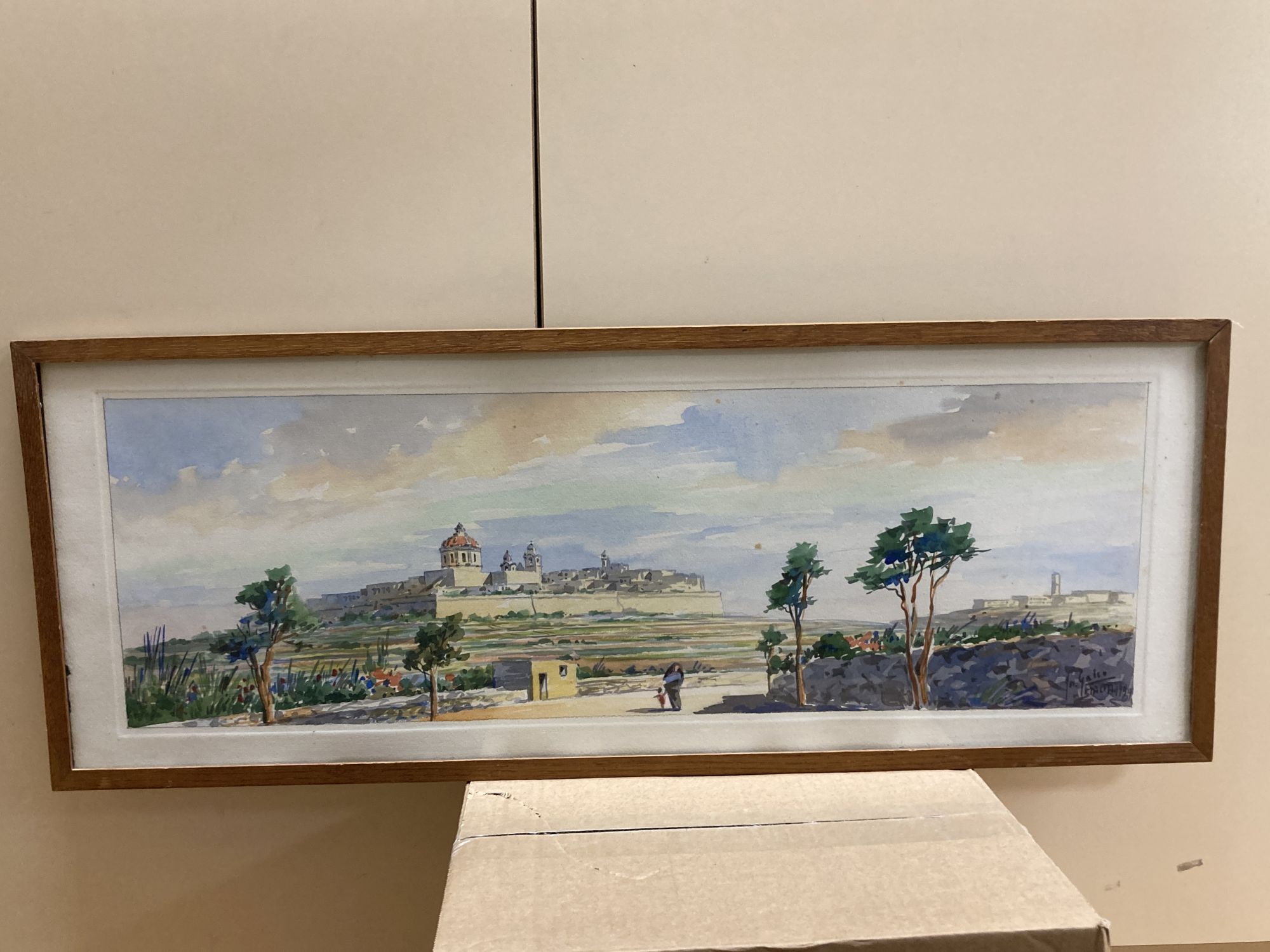 J. Galea, pair of watercolours, Views of Valetta harbour, Malta, signed and dated 1959, overall 24 x 66cm